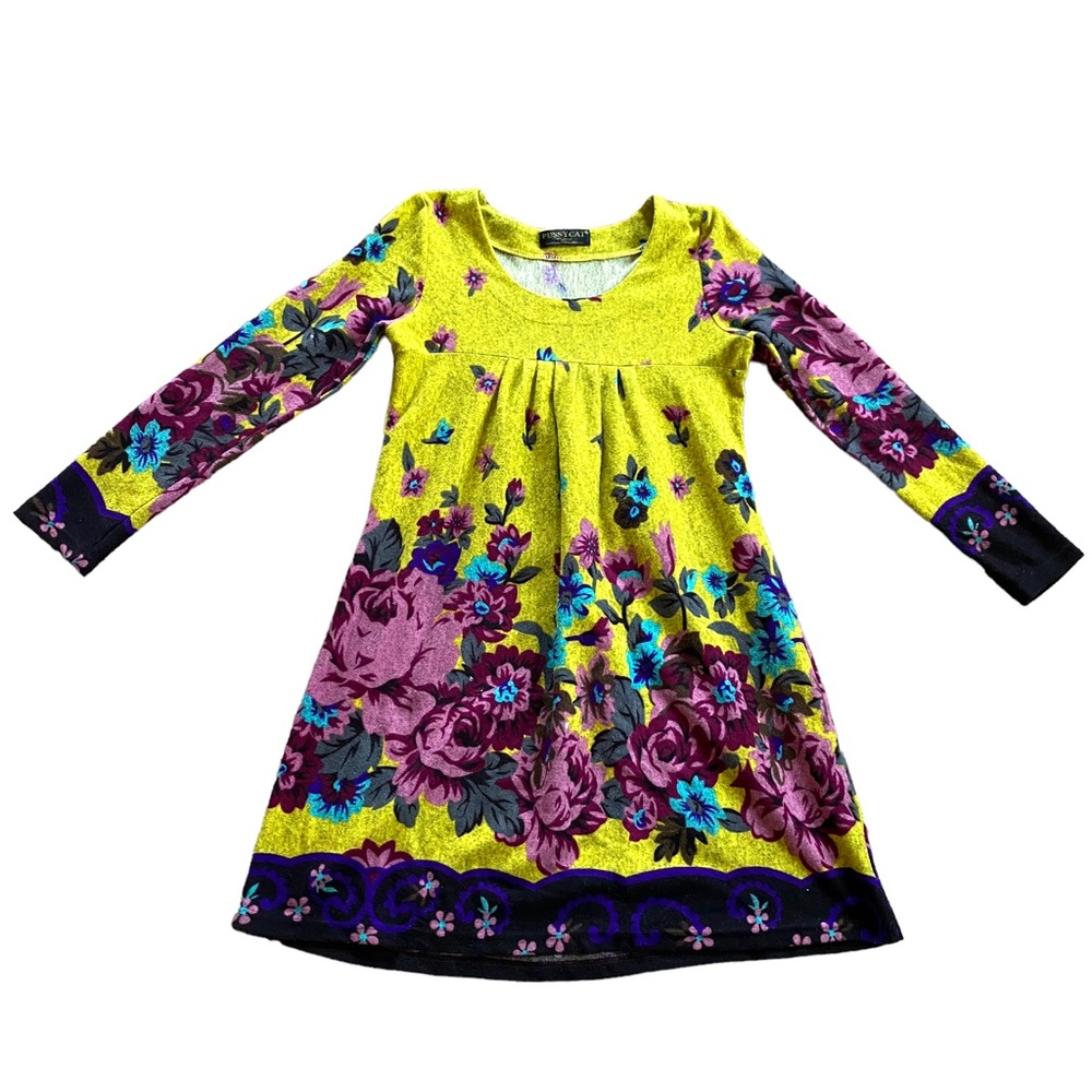Pussycat London Women’s Small Yellow Purple Floral A-line Sweater Dress